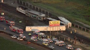 Multiple cars were derailed after a Metrolink train struck a vehicle in Ventura County on Feb. 24, 2015. (Credit: KTLA)