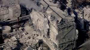 After an explosion at the Torrance Refinery on Feb. 18, 2015, one structure appeared to be damaged. (Credit: KTLA)