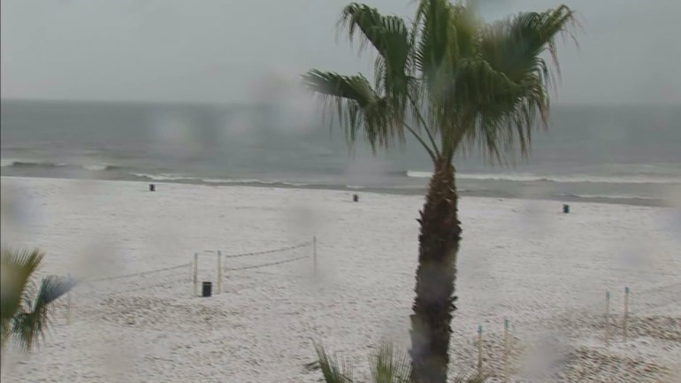 Up to an 1/2 inch of hail fell on Huntington Beach on March 2, 2015, according to the National Weather Service. (Credit: KTLA)