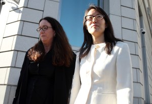 Ellen Pao, right, leaves the San Francisco Superior Court Civic Center Courthouse with her attorney Therese Lawlwess on March 27, 2015. A jury found no gender bias against Reddit interim CEO Ellen Pao and former employee at Silicon Valley venture capital firm Kleiner Perkins Caulfield and Byers. Pao was suing Kleiner Perkins Caulfield and Byers for $16 million alleging she was sexually harassed by male officials. (Credit: Justin Sullivan/Getty Images)