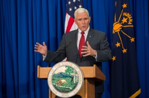 Indiana Gov. Mike Pence speaks during a press conference March 31, 2015, at the Indiana State Library in Indianapolis. (Credit: Aaron P. Bernstein/Getty Images)