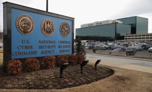 The seals of the U.S. Cyber Command, the National Secrity Agency and the Central Security Service greet employees and visitors at the campus the three organizations share March 13, 2015 in Fort Meade, Maryland. (Credit: Chip Somodevilla/Getty Images)