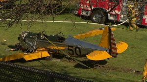 A photo from the ground shows the plane that crashed at Penmar Golf Course on March 5, 2015. (Credit: KTLA)