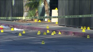 Dozens of gunshots were fired during a deadly shooting outside Stingers Nightclub in San Bernardino on March 4, 2015. (Credit: KTLA) 