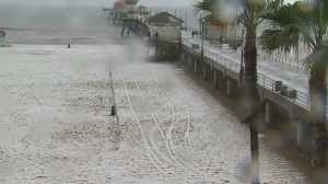 Pea-sized hail covered Huntington Beach Monday morning. (Credit: KTLA)