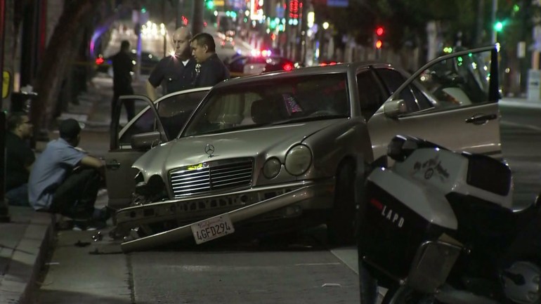 A damaged Mercedes is seen after hitting a pedestrian in Hollywood on March 27, 2015. (Credit: KTLA)