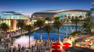 A rendering shows the proposed NFL stadium development project in Inglewood at the site of the old Hollywood Park racetrack. (Credit: G.F.Bunting)