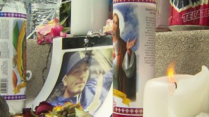 A memorial for Salome Rodriguez Jr., shot an killed in Pomona on March 13, 2015, is pictured. (Credit: KTLA)