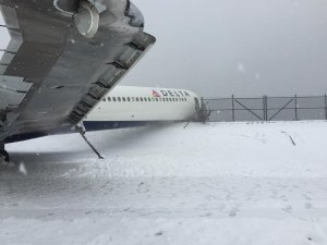 Another shot shows the plane after it skidded off a LaGuardia Airport runway on March 5, 2015. (Credit: Jared Faellaci via CNN Wire)