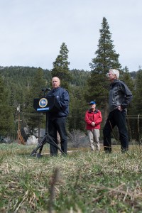 Gov. Jerry Brown announced mandatory drought restrictions near Sierra-at-Tahoe on April 1, 2015, in an area normally covered in snow on that date. (Credit: Department of Water Resources)