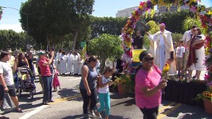 Los Angeles Archbishop Jose Gomez presided over the annual Blessing of the Animals at Olvera Street on Saturday, April 4, 2015. (Credit: KTLA)