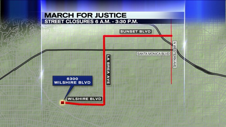 A map shows the planned route of the annual "March for Justice" on Friday, April 24, 2015, the 100th anniversary of the 1915 Armenian genocide. (Credit: KTLA)