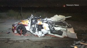 A 19-year-old man was killed and three others were injured after a possible street race in San Bernardino ended in a head-on collision on April 29, 2015. (Credit: Newspro News) 