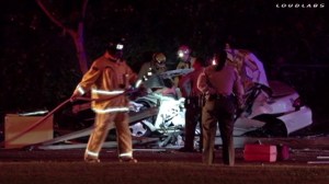 Two men were killed and a woman badly injured in a crash in La Puente on April 5, 2015. (Credit: Loudlabs)