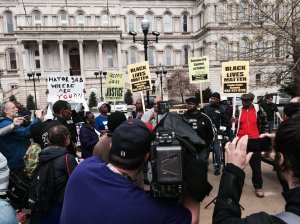 A rally for Freddie Gray took place in Baltimore outside of City Hall on April 20, 2015. (Credit: CNN)