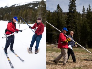 California Department of Water Resources snow survey chief Frank Gehrke is shown at left in both photos conducting snow surveys on April 1 in Phillips. On 2010, left, snowpack was 117 percent of normal. In 2015, right, snowpack was 5 percent, and it was the first time in 75 years there had been no snow on that site at that date. Gov. Jerry Brown is at right in 2015 photo. (Credit: Max Whittaker/Getty Images)