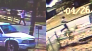 Two images from surveillance video released by police allegedly show Jeremiah Bell walking toward the scene of a beating in Rialto on April 26, 2015, left, and then running away, right.