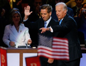 Then Senator Joe Biden, right, is seen with his son, then-Delaware Attorney General Beau Biden, during day three of the Democratic National Convention at the Pepsi Center on Aug. 27, 2008, in Denver, Colorado. (Credit: Mark Wilson/Getty Images)