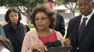 Santa Monica-Venice NAACP branch President Minnie Hadley-Hempstead calls for a change in police over excessive force at a news conference on May 14, 2015. (Credit: KTLA)