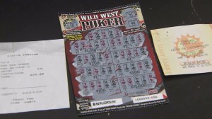 The $75,000 "winning" lotto tickets were still at the gas station on May 4, 2015. (Credit: KTLA)