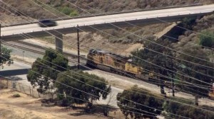 A train was stopped in Sylmar after the conductor reported finding an "IED," according to LAPD, on May 20, 2015. (Credit: KTLA)