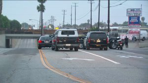 A suspected shooter was in custody after a shootout involving Fullerton police during an attempted traffic stop on Monday, June 22, 2015. (Credit: KTLA)