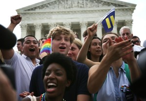 Same-sex marriage supporters rejoice after the U.S Supreme Court hands down a ruling regarding same-sex marriage June 26, 2015, outside the Supreme Court in Washington, D.C. (Credit: Alex Wong/Getty Images)