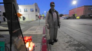 Salvador Jaramillo, 93, pauses at a memorial for his friend and walking partner, Jose Noriega. (Credit: Irfan Khan / Los Angeles Times)