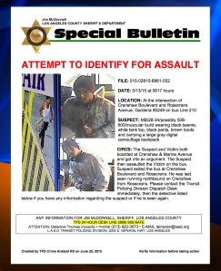 The suspected slasher is seen in a bulletin issued by The Los Angeles County Sheriff's Department on June 25, 2015. 