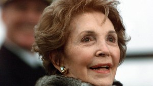 Former US First Lady Nancy Reagan looks on at the christening ceremony of the aircraft carrier USS Ronald Reagan on March 4, 2001 at Newport News Shipbuilding Yard in Virginia. (Credit: Mario Tama/AFP/Getty Images)