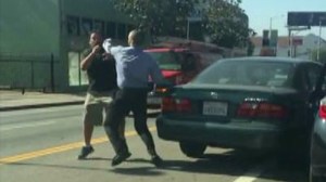 A witness captured cellphone video of a road-rage incident involving two men on a street in Hollywood on Monday, June 8, 2015.