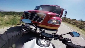 A GoPro camera shows the moment before a motorcycle collided with a fire truck on Glendora Ridge Road. (Credit: Jesse Lopez)
