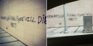 Two Instagram photos captured anti-vaccine graffiti in Beverly Hills on July 1, 2015. (Credit: left, r.solorio; right, luisjay23)