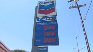 A Chevron gas station near Union Station in downtown L.A. was charging more than $5 a gallon for gasoline on July 13, 2015. (Credit: KTLA)