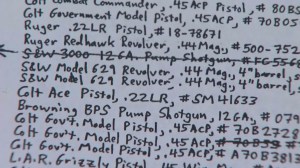 A closeup shows a list attorney Robert Rentzer said was written by Jeffrey Lash in 1991, itemizing guns that were stolen from him. (Credit: KTLA)