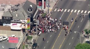 A crowd waiting for a show at the Roxy in West Hollywood spilled onto Sunset Boulevard on July 23, 2015. (Credit: KTLA)