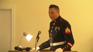 Robert Acosta, Dianna Bedwell's son, speaks at the funeral for Cecil "Paul" Knutson. (Credit: KTLA)