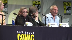 Original "Star Wars" cast members (from left to right) Carrie Fisher, Mark Hamill and Harrison attended the film's panel at San Diego Comic-Con on July 10, 2015. (Credit: KSWB)