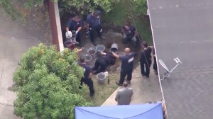 Sheriff's and coroner's investigators are seen digging in the backyard of a home near La Puente on Thursday, Aug. 6, 2015. (Credit: KTLA)