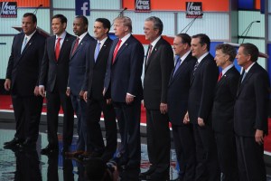 CLEVELAND, OH - AUGUST 06:  Republican presidential candidates (L-R) New Jersey Gov. Chris Christie, Sen. Marco Rubio (R-FL), Ben Carson, Wisconsin Gov. Scott Walker, Donald Trump, Jeb Bush, Mike Huckabee, Sen. Ted Cruz (R-TX), Sen. Rand Paul (R-KY) and John Kasich take the stage for the first prime-time presidential debate hosted by FOX News and Facebook at the Quicken Loans Arena August 6, 2015 in Cleveland, Ohio. The top-ten GOP candidates were selected to participate in the debate based on their rank in an average of the five most recent national political polls.  (Photo by Scott Olson/Getty Images)