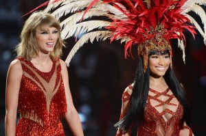 Recording artists Taylor Swift, left, and Nicki Minaj, right, perform onstage during the 2015 MTV Video Music Awards at Microsoft Theater on Aug. 30, 2015. in Los Angeles. (Credit: Kevork Djansezian/Getty Images)