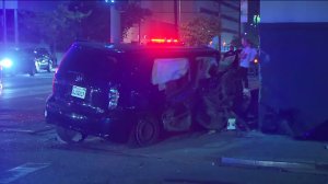 A vehicle was involved in a hit-and-run crash in Hollywood on Saturday, Aug. 8, 2015. Seven people were critically injured, officials said. (Credit: KTLA)