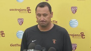 USC football Coach Steve Sarkisian is seen at an Aug. 25, 2015, press conference where he discussed a controversial, slurred speech he delivered the weekend prior at a campus event. (Credit: KTLA)