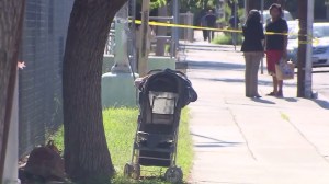 An abandoned baby was found in a stroller across from the South L.A. church on Aug. 4, 2015. (Credit: KTLA)