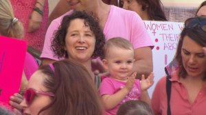 Planned Parenthood proponents rallied in downtown Los Angeles on Tuesday, Sept. 29, 2015. (Credit: KTLA)