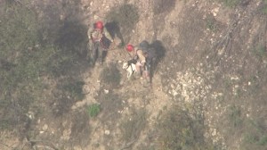 Two search-and-rescue personnel helped a dog that fell from a cliff above Altadena on Sept. 22, 2015. (Credit: KTLA)