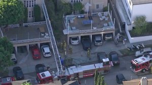 One person was found dead in an apartment fire in Westwood on Sept. 21, 2015. (Credit: KTLA)