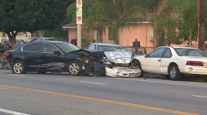 An alleged wrong-way driver collided into multiple cars and fatally struck a bicyclist in Arleta on Sept. 10, 2015, according to LAPD. (Credit: KTLA)
