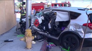 An SUV sustained major damage after colliding with another vehicle in Sawtelle on Sunday, Sept. 6, 2015. (Credit: KTLA)