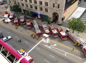 LAFD spokesman Erik Scott tweeted this photo of a response to flooding at a building in downtown L.A. on Sept. 21, 2015.